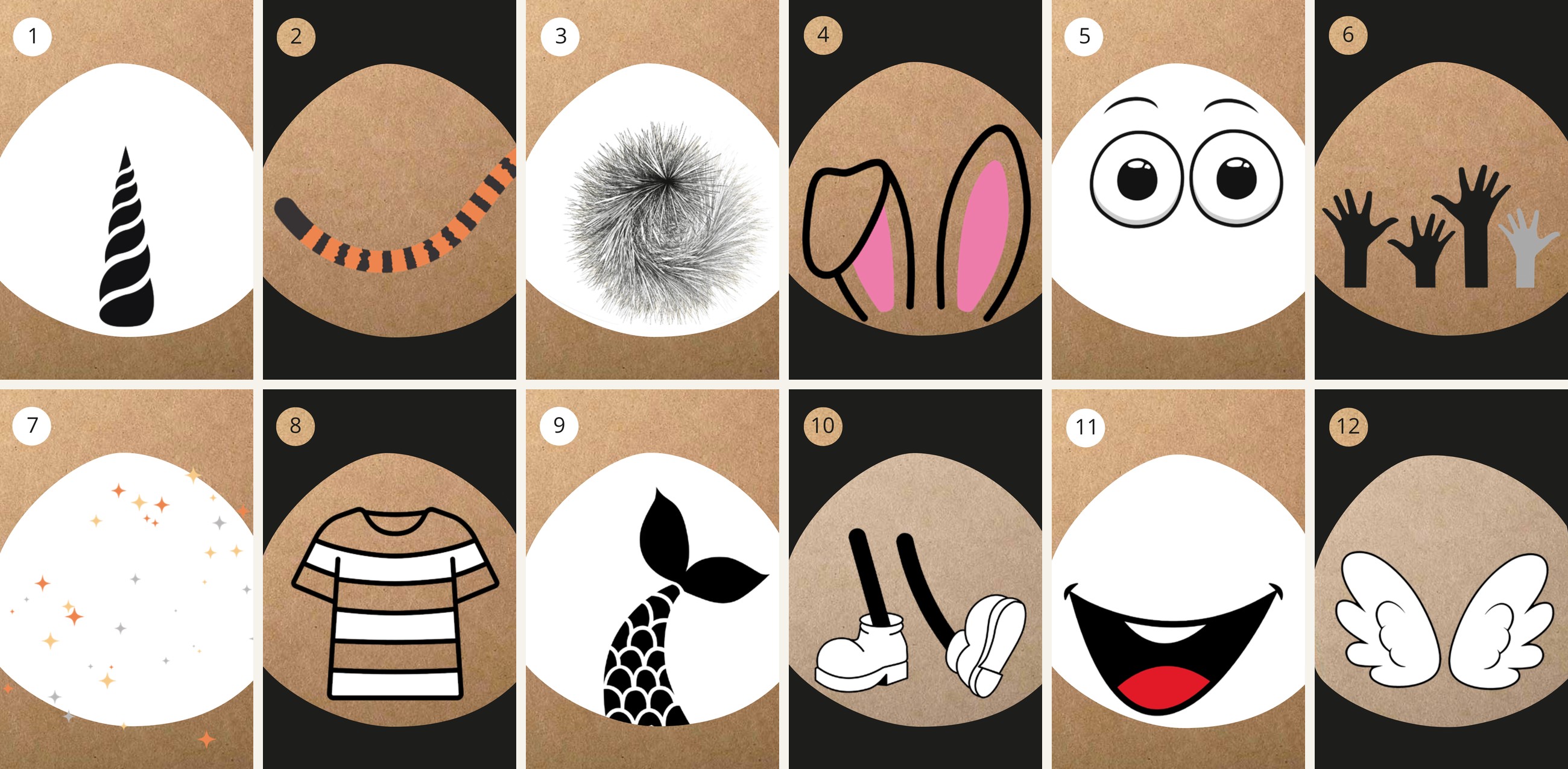 Os 12 cartões TILLO — fragmentos neutros: chifre, cauda, pelo, orelhas, olhos, mãos, brilhos, t-shirt, cauda de sereia, pés, boca, asas